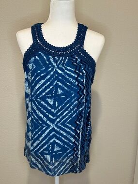 NWT Lucky Brand Blue Crochet-Trim Geometric Tank